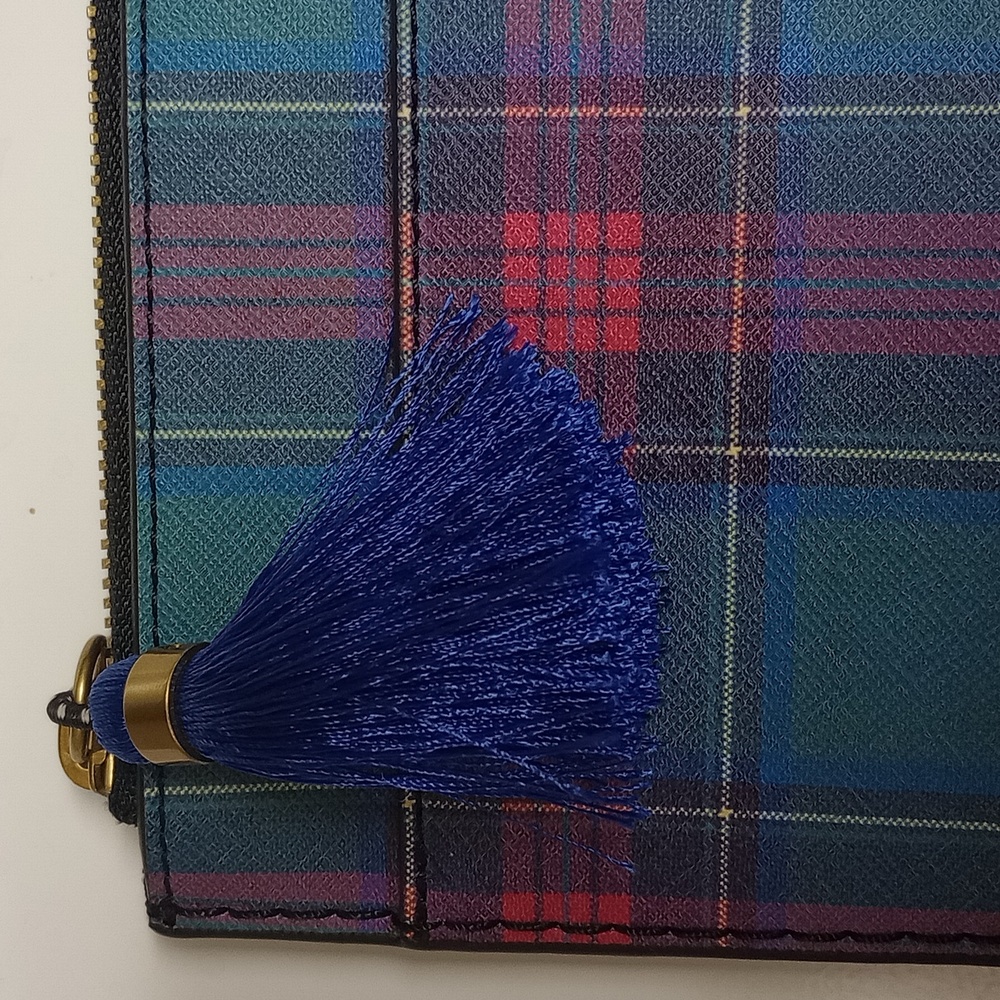 J.CREW BLUE & PINK PLAID ENVELOPE LEATHER CLUTCH WITH TASSEL - Picture 8 of 12